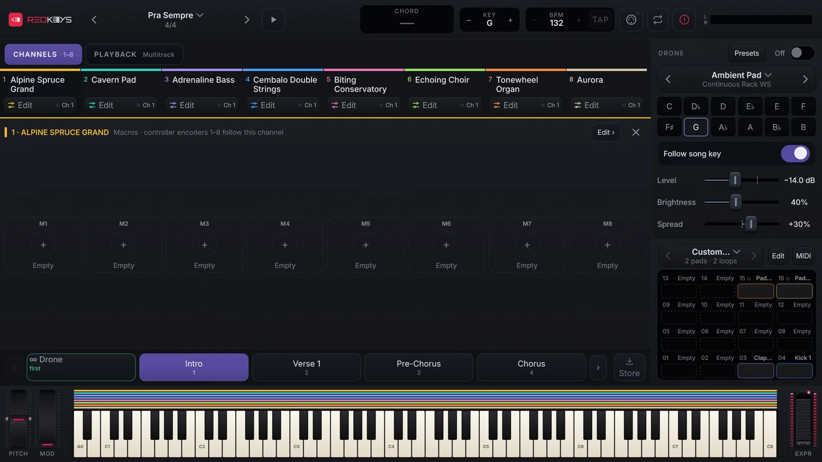 O painel de macros aberto sobre os faders no desktop: oito macros com nome e valor.