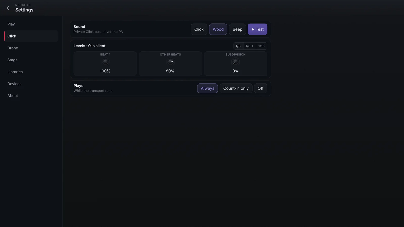 Settings › Click no desktop: o som Click, Wood ou Beep, o botão Test, os knobs de nível e as subdivisões.