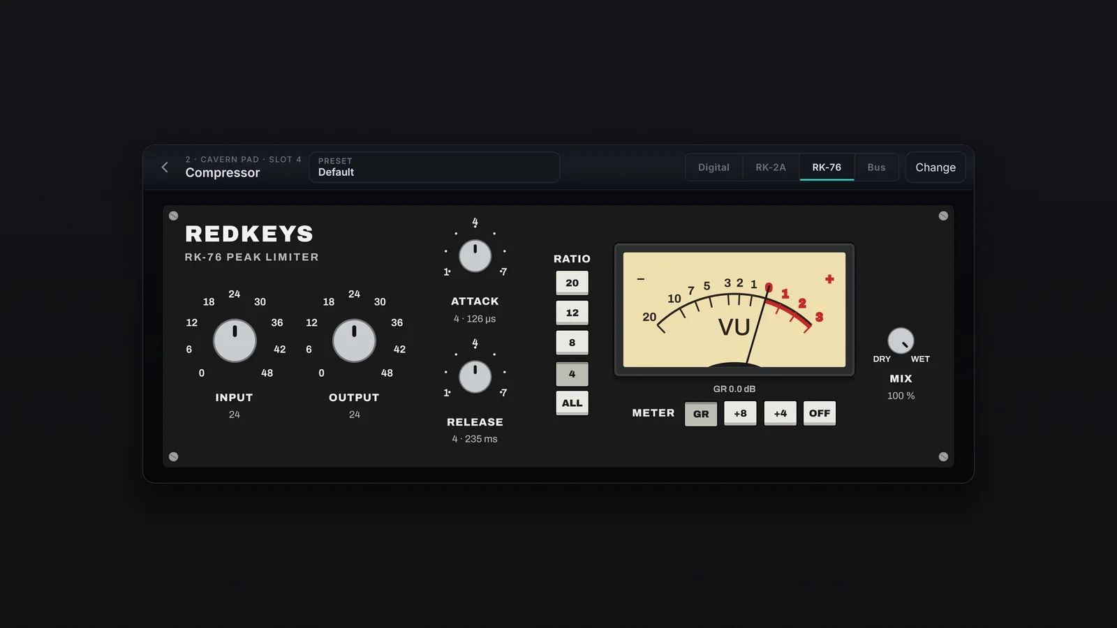 A face do RK-76: painel preto, INPUT e OUTPUT prateados, ATTACK e RELEASE, os botões RATIO e METER, o VU e o MIX.