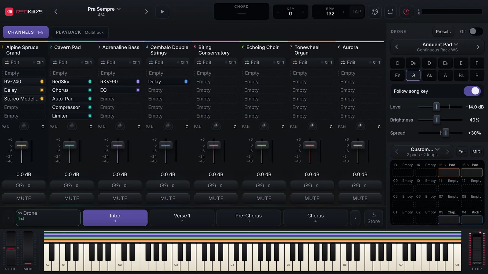 O palco do REDKEYS no layout Desktop: no alto a música, o tom, o andamento e os ícones; no meio oito canais com efeitos e faders, o Drone e os DrumPads à direita; embaixo a barra de partes e o teclado