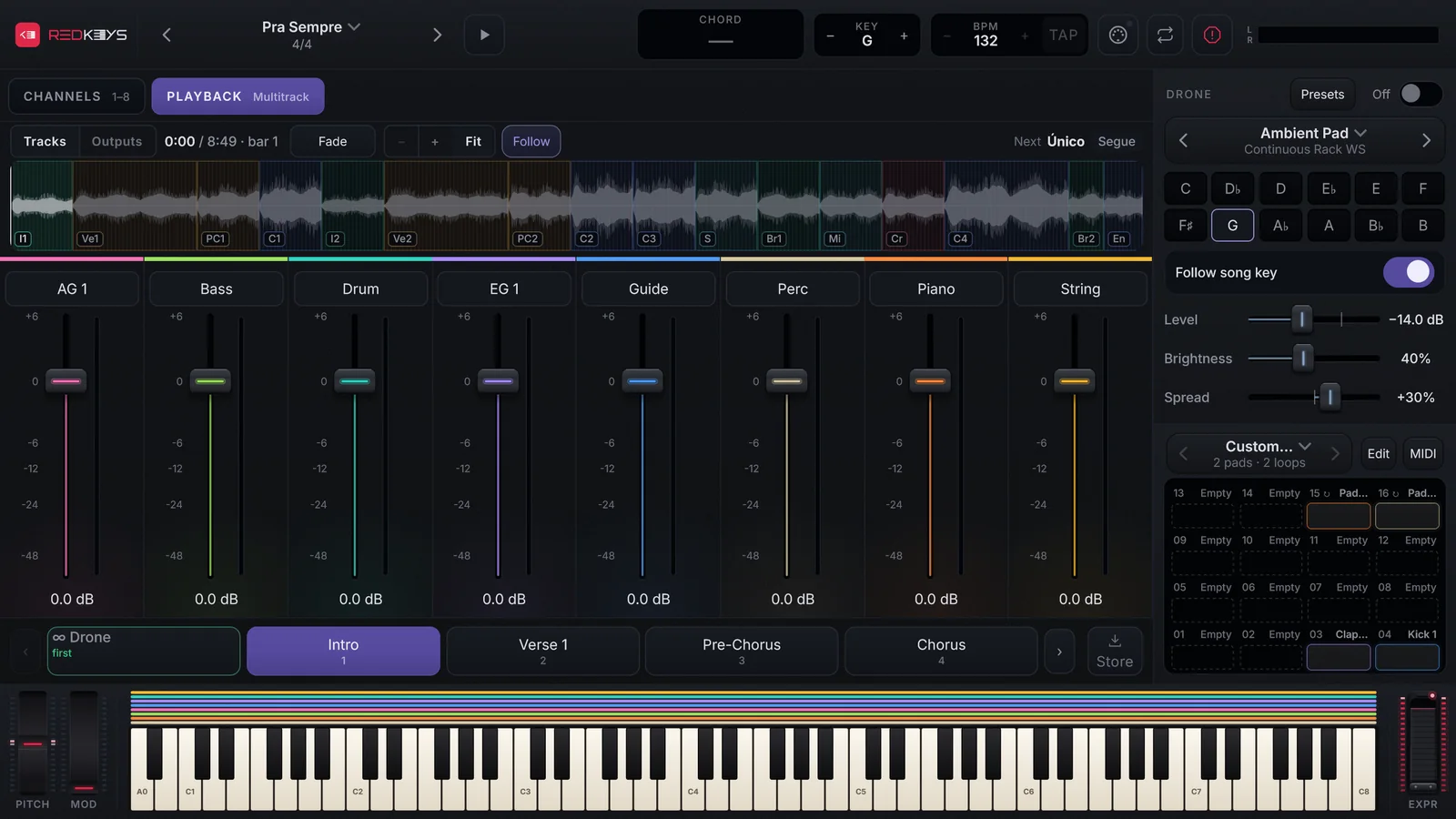 A página Playback no desktop: a onda da música com as partes coloridas, a cabeça de reprodução e uma faixa por pista com fader e medidor.