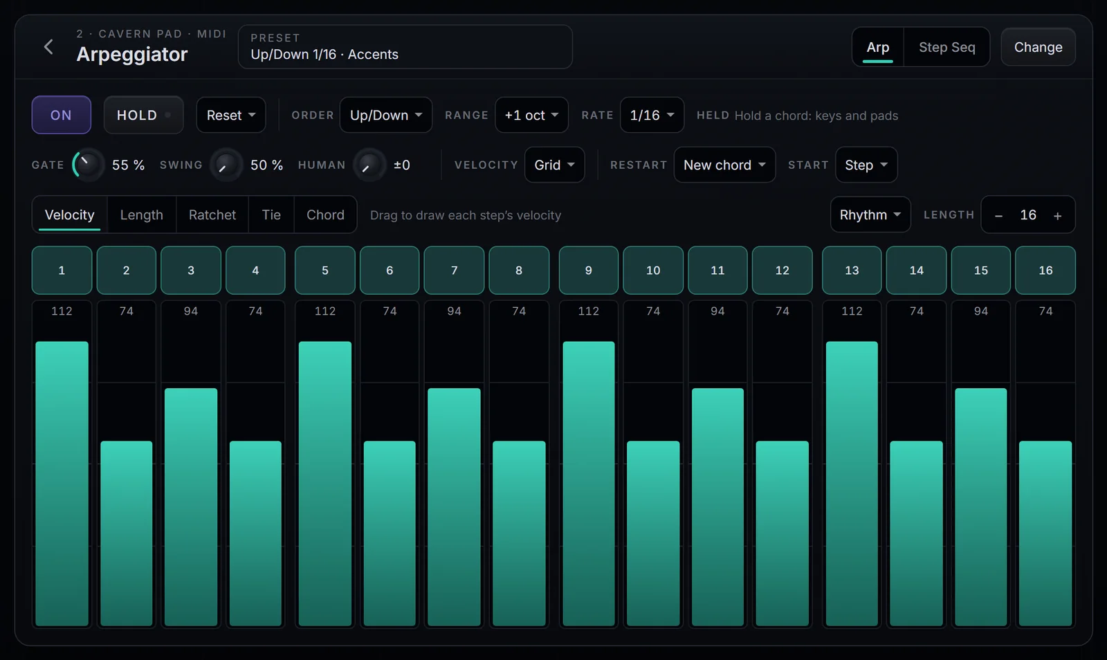 A página do Arpeggiator no modo Arp, no Desktop: On, Hold, Order, Range, Rate e Held na primeira linha; Gate, Swing, Human, Velocity, Restart e Start na segunda; a grade de 16 passos embaixo.