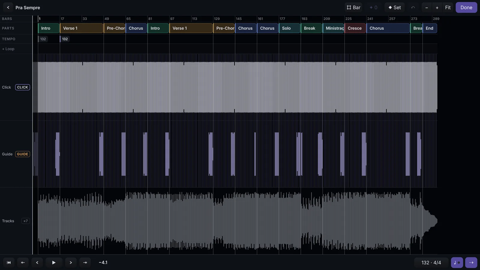 A timeline no desktop: as linhas BARS, PARTS e TEMPO, as faixas de loop e as pistas com a onda.