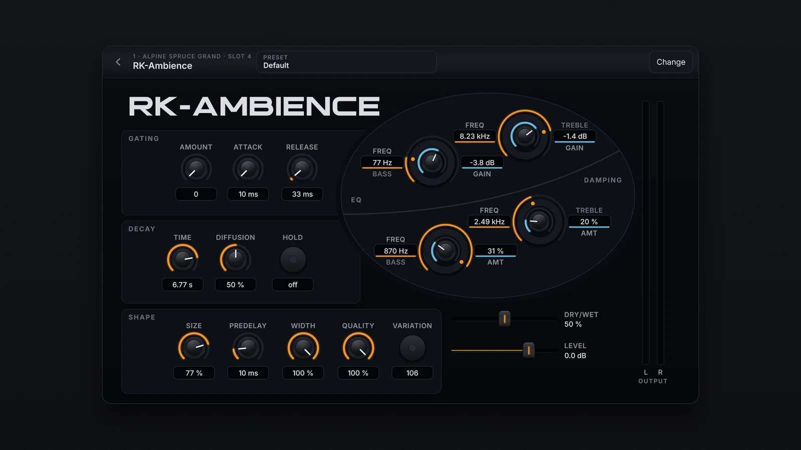A página do RK-Ambience no tema escuro do app: GATING, DECAY e SHAPE à esquerda, EQ e DAMPING numa elipse com quatro controles duplos, MIX e os medidores OUTPUT.