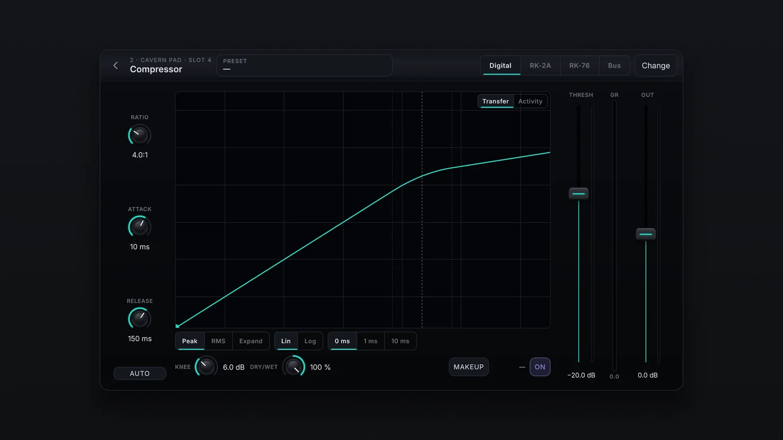 O Compressor no tipo Digital: Ratio, Attack, Release e Auto à esquerda, o gráfico Transfer no meio, os faders Thresh e Out com o medidor GR à direita e, embaixo, Peak, RMS, Expand, Lin, Log, o Lookahe