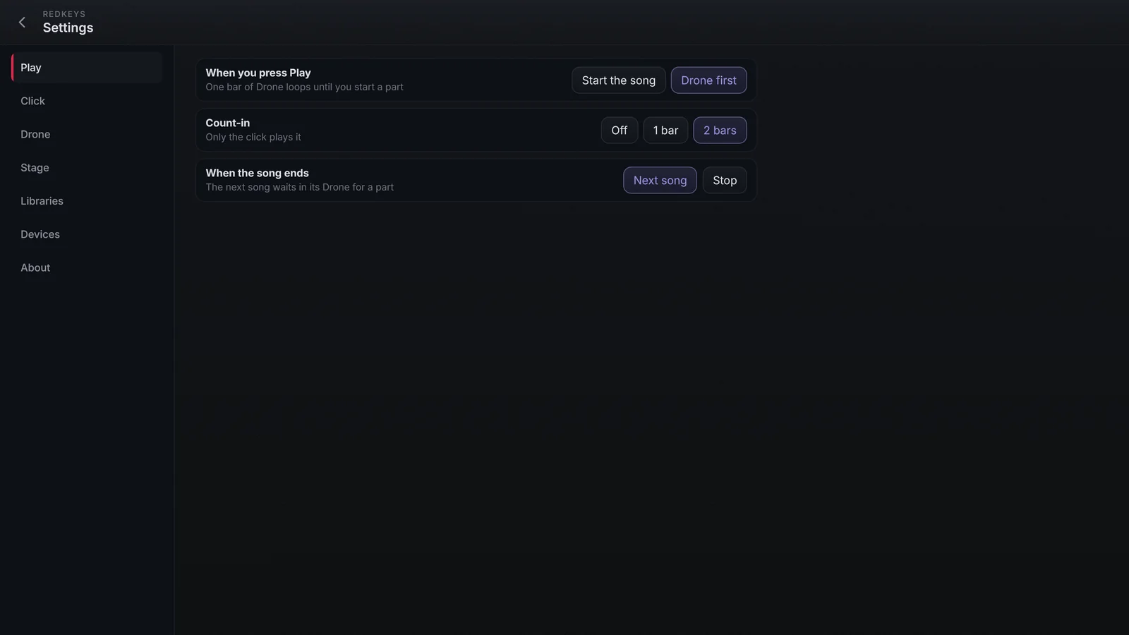 A tela Settings no desktop, com os grupos Play, Click, Drone, Stage, Libraries, Devices e About.