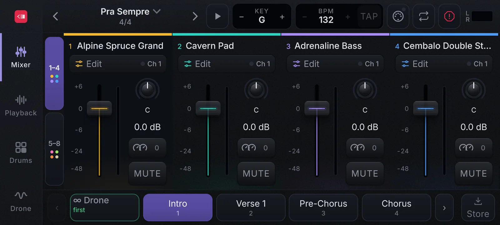 O palco no layout Phone: o menu da esquerda com Mixer, Playback, Drums e Drone; quatro canais por vez com os grupos 1–4 e 5–8; a barra de partes embaixo.