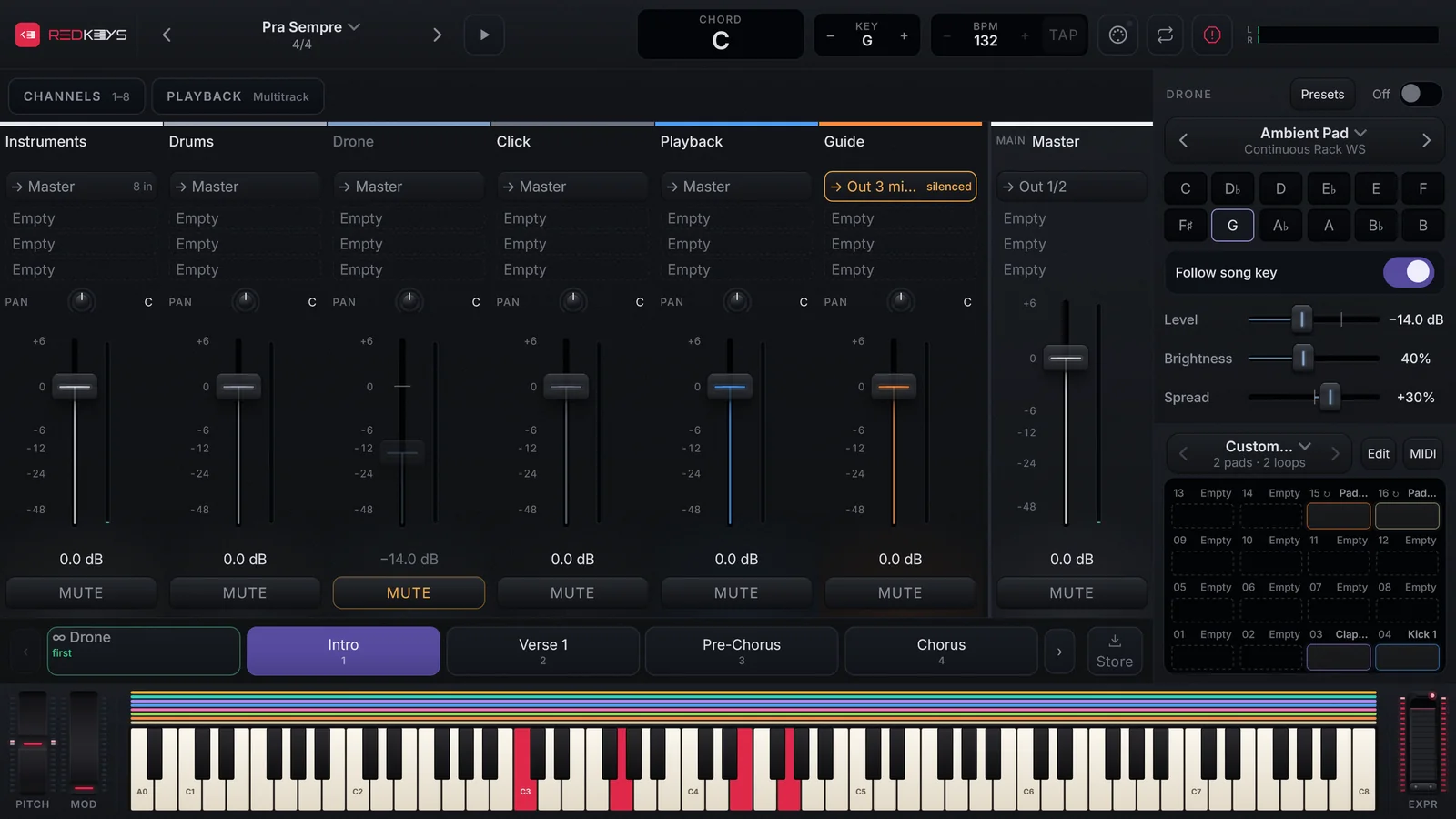 A página do Master no Desktop: as faixas dos buses Instruments, Drums, Drone, Click, Playback e Guide e a do Master, cada uma com fader e medidor.