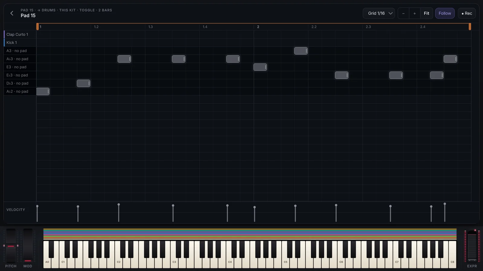 O loop de um pad no piano roll: a régua com a área de loop, a grade com as notas, a faixa Velocity embaixo e, no topo, Grid, Follow, zoom e Rec.