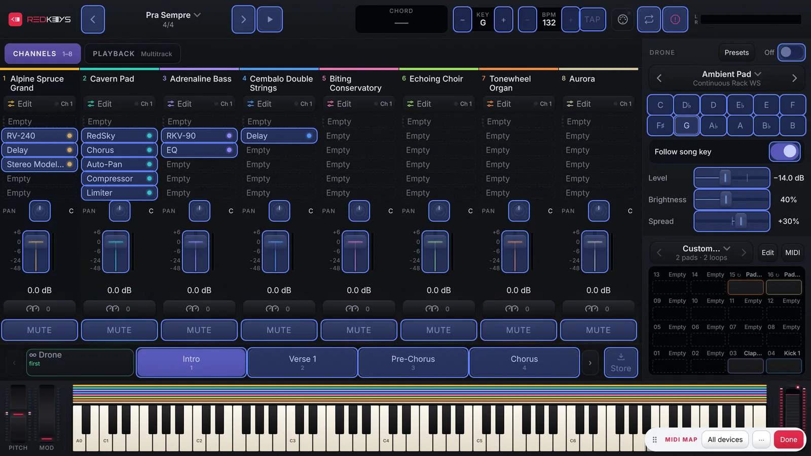 A tela MIDI com Map controls ligado: os controles mapeáveis coloridos e a barra MIDI MAP num canto.