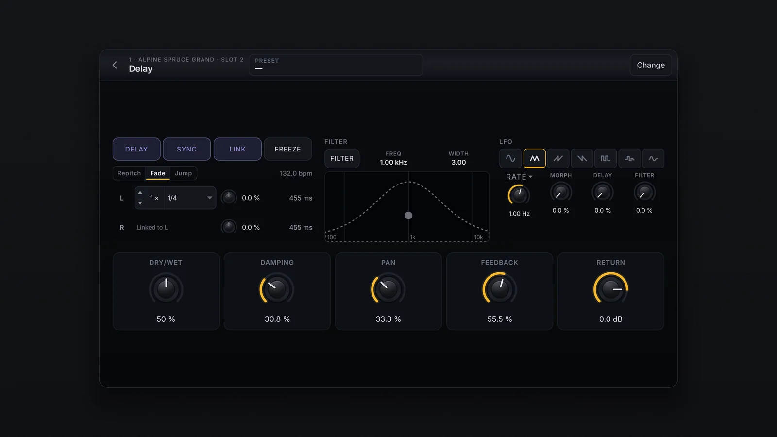 A página do Delay: em cima Delay, Sync, Link, Freeze e Filter e a troca Repitch, Fade e Jump; no meio as linhas L e R com a nota de cada lado; à direita Filter e LFO; embaixo os knobs Dry/Wet, Damping