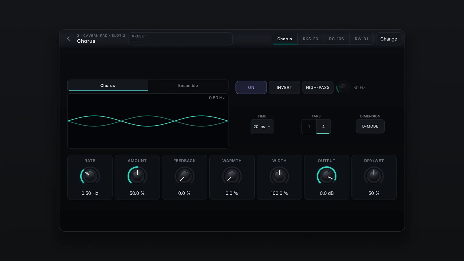 A página do Chorus no modo Chorus: o seletor Chorus e Ensemble sobre o visor com as ondas, os botões ON, INVERT e HIGH-PASS, TIME, TAPS e D-MODE, e sete knobs de Rate a Dry/Wet.