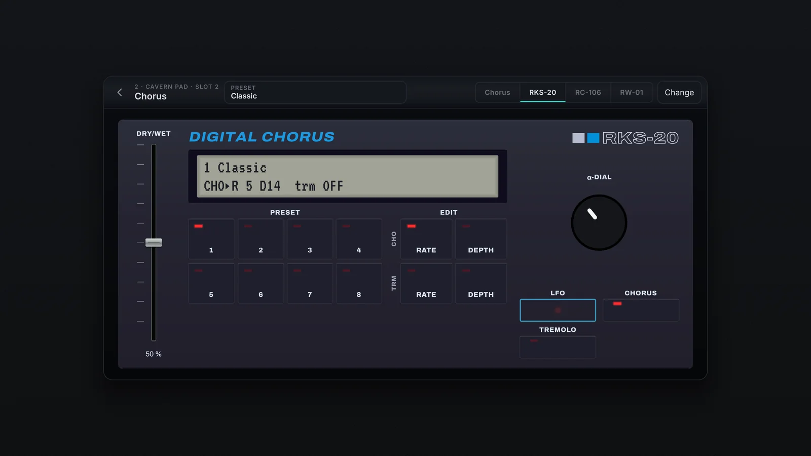 A face do RKS-20: painel preto-azulado, o LCD com o preset e os valores, as teclas PRESET 1 a 8, as teclas EDIT, o α-DIAL, os botões Chorus e Tremolo e o fader DRY/WET.